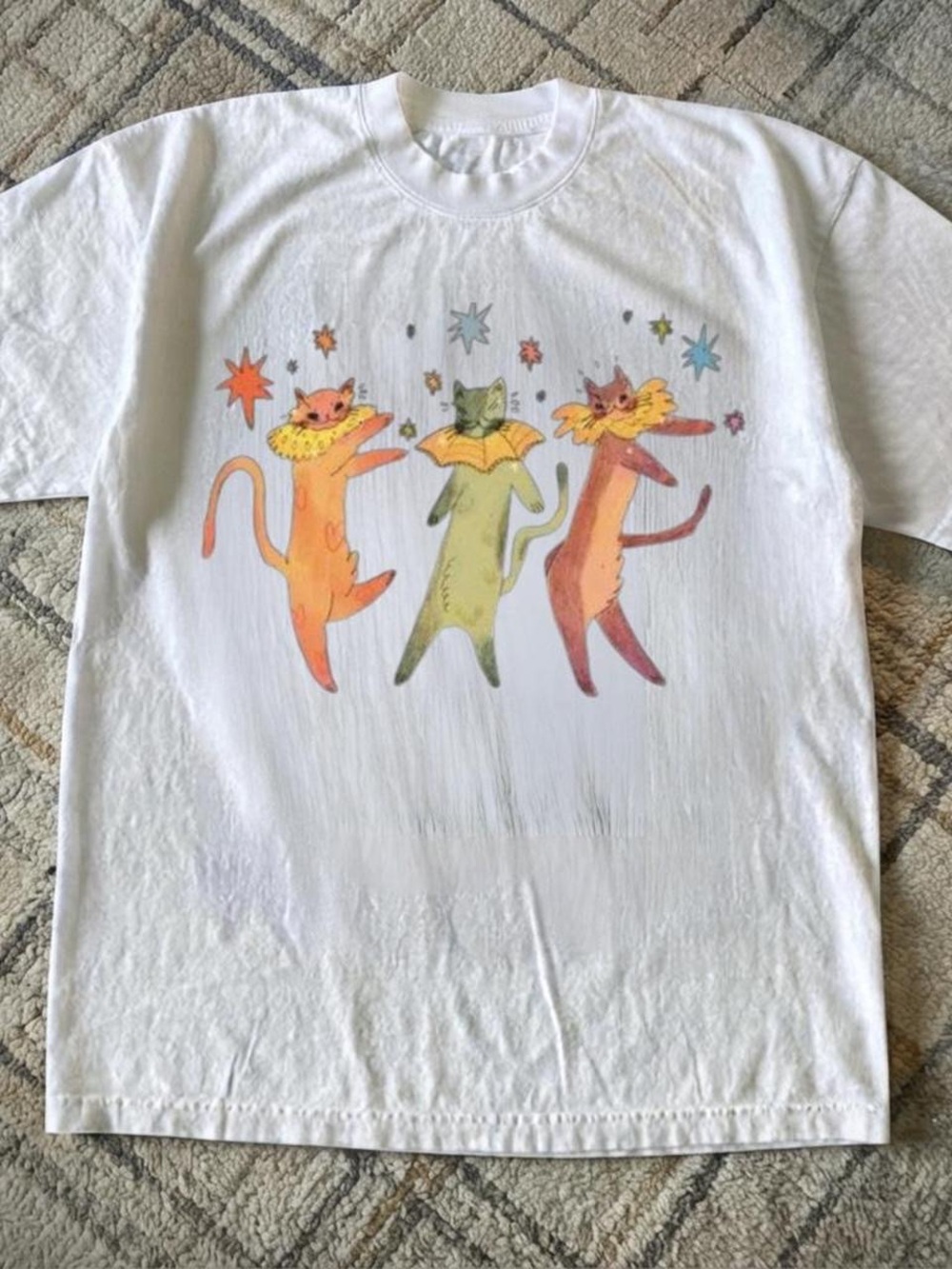 Gildan White Tee with Orange, Green, and Pink Dancing Cats